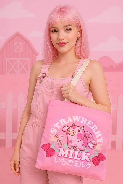 Strawberry Milk Cow Tote Bag By Meldoodles